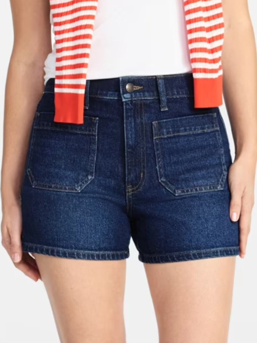 Time and Tru Women's High Rise Patch Pocket Denim Shorts, Dark Wash, Sizes 12 16